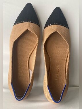 Rothy's Two-Tone Pointed Flats in Tan and Black with Blue Trim